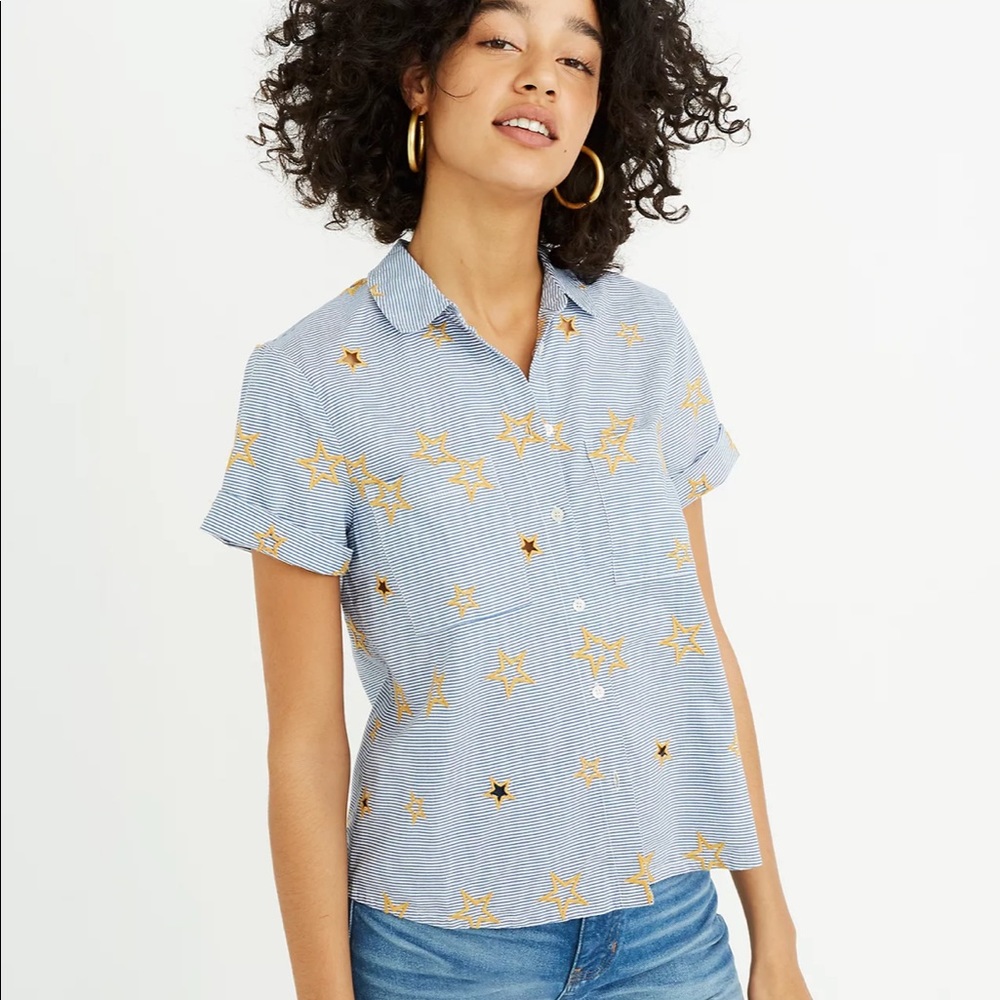 Madewell Star Embroidered Striped Shirt Size XXS Blue White Gold #h38